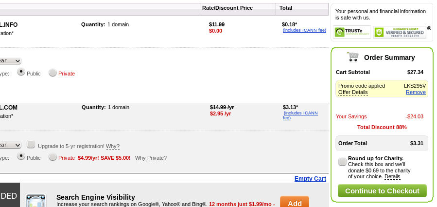 Godaddy Coupon Code : $3.13 for .com and $0.18 for .info